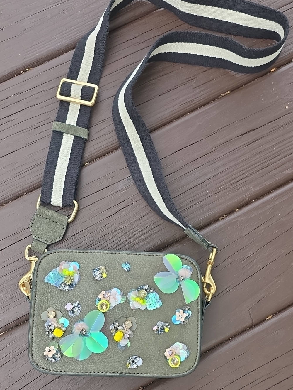 J. Crew Olive Green Leather Floral Sequin Crossbody Purse